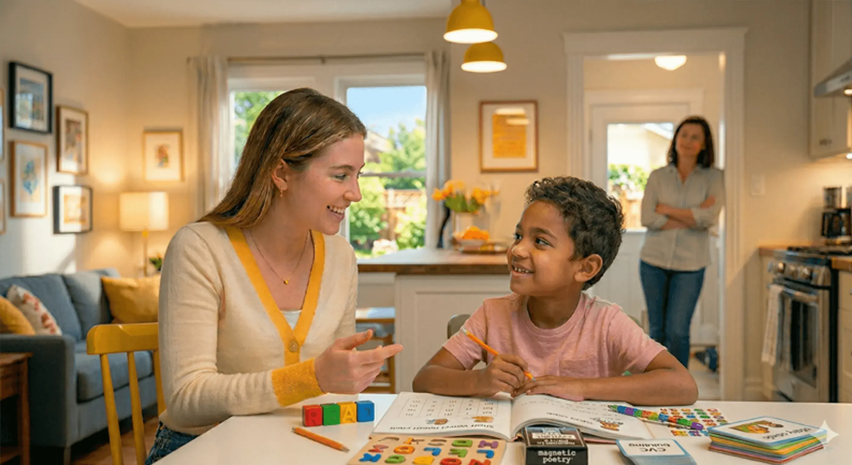 Tutor working with a boy while a parent sits nearby